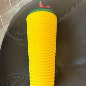 Starbucks Bright Yellow Studded Tumbler with Green Trim and Pink Straw bundle 2